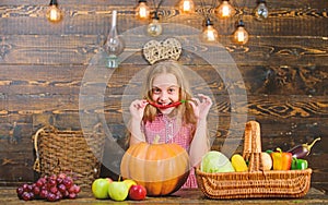 Farm themed games and activities for kids. Girl kid at farm market with fall harvest. Child little girl celebrate