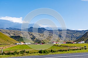 Farm Thorvaldseyri in south Iceland with Mountain Eyjafjallajokull in Iceland