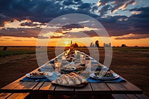 Farm-to-Table Abundance. Celebration of a prosperous harvest. Vibrant sunset banquet wood table.