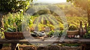 Farm-to-Table Abundance: Fresh Vegetables on Wooden Table with Morning Sunlight