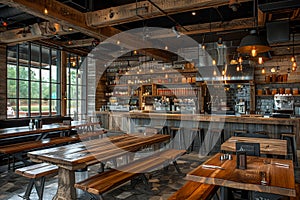 Farm-to-table restaurant interior with rustic decor and open kitchen