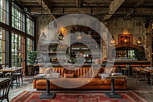 Farm-to-table restaurant interior with rustic decor and open kitchen