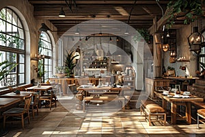 Farm-to-table restaurant interior with rustic decor and open kitchen