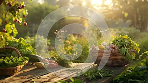 Farm-to-Table Serenity: Fresh Vegetables on Wooden Table with Morning Sunlight