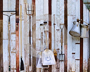 Farm tool pitchfork and two shovels against old wooden wall use