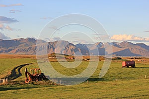 Farm tools in Iceland by sunset