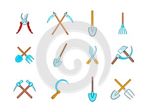 Farm tools icon set, cartoon style