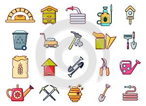 Farm tools icon set, cartoon style