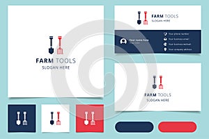 Farm tools logo design with editable slogan. Branding book and business card template.