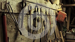 Farm tools on wall, realistic, cinematic light, sharp focus.