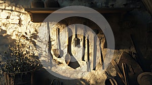 Farm tools on wall, realistic, cinematic light, sharp focus.