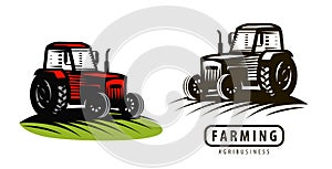 Farm tractor logo or label. Agriculture, farming, agribusiness symbol. Vector illustration