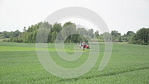 Farm tractor rides young crop to fertilize the fields from pests