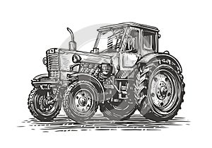 Farm tractor sketch. Agricultural industry, farming concept. Vintage vector illustration