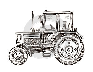 Farm tractor sketch. Hand-drawn vector illustration