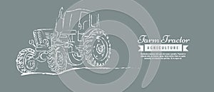 Farm tractor with sketch style line art design. Hand drawn vector illustration.