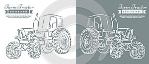 Farm tractor with sketch style line art design. Hand drawn vector illustration.