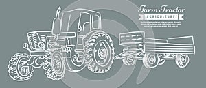 Farm tractor with sketch style line art design. Hand drawn vector illustration.