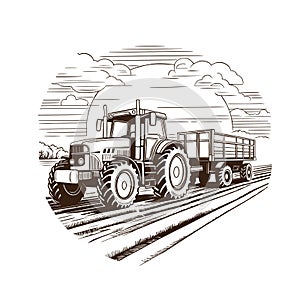 Farm Tractor with trailer vector illustration. Farm logo design