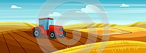 Farm tractor in village landscape, agricultural machine working in wheat field on hills