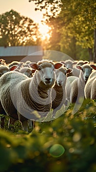 Farm tranquility, sheep grazing in unison, pastoral serenity with nature