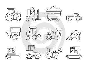 Farm transport. Agricultural heavy machines bulldozer harvester tractor vector linear symbols isolated