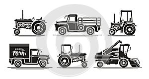 Farm transport, set icons. Agricultural tractor, truck, lorry, harvester, combine, pickup, car symbol. Silhouette vector