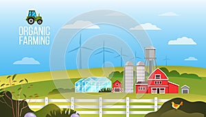 Farm vector landscape with village, field, tractor, wind turbines, greenhouse, barn, blue sky, clouds.