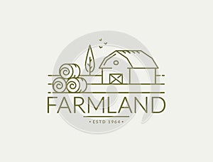 Farm vector logo with farmhouse and hay bales
