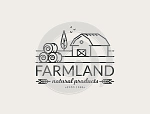 Farm vector logo with farmhouse and hay bales