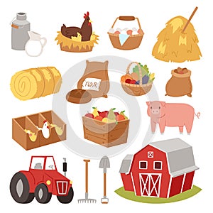 Farm vector tools and symbols house, traktor cartoon farming village symbols animal and vegetables agriculture farmland