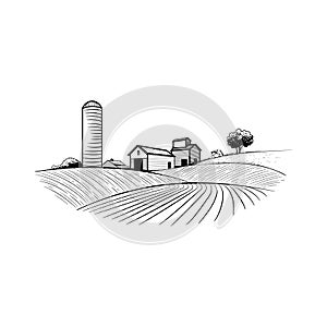Farm warehouse, hangar among the fields and hills. Farming engraving, agribusiness and organic products