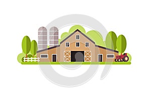 Farm with water tank and Tractor, country landscape, trendy flat style vector design template