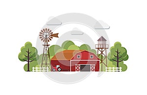 Farm with water tank and Tractor, country landscape, trendy flat style vector design template