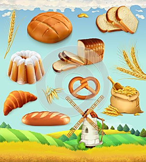 Farm. Wheat and bread. 3d vector set