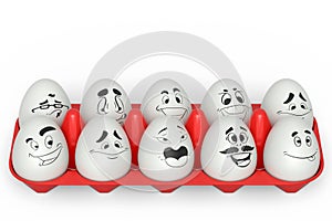 Farm white egg with expressions and funny face in plastic tray or cardboard