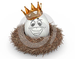 Farm white egg with gold royal king crown and funny face in bird nest