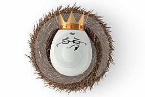 Farm white egg with gold royal king crown and funny face in bird nest