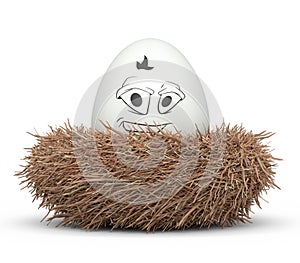 Farm white painted egg with expressions and funny face in bird nest