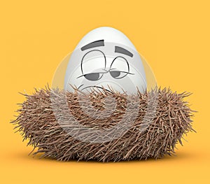 Farm white painted egg with expressions and funny face in bird nest