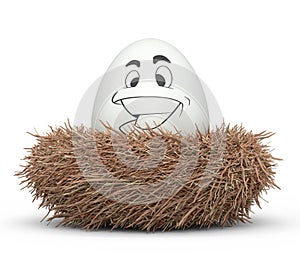 Farm white painted egg with expressions and funny face in bird nest