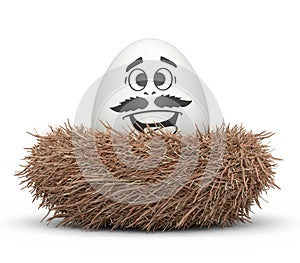 Farm white painted egg with expressions and funny face in bird nest