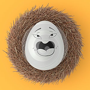 Farm white painted egg with expressions and funny face in bird nest