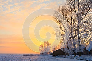 Farm in a white winter landscape