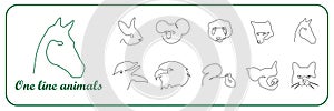 Farm and wild animals one line icons set. Horse, panda, dolphin, pig, eagle, koala, cat, rabbit, squirrel drawings in outline,