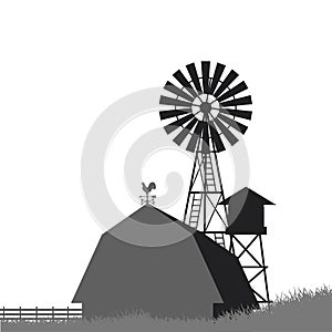 Farm windmill, barn, fence, house