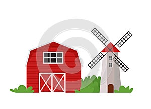 Farm and windmill in flat style isolated on white background