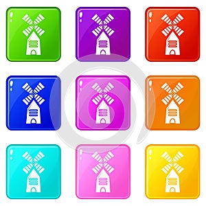 Farm windmill icons set 9 color collection