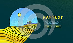 Farm with windmill in the village and yellow ripe wheat field in a round frame. Harvest banner for a landing page with a grain