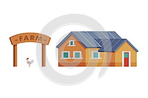Farm Wooden Banner and Rural House with Slope Roof Vector Set
